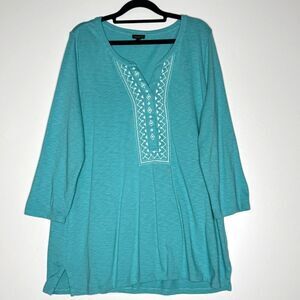 Talbots Embroidered Split Neck Cotton Modal Tunic Tee Women's Size Large